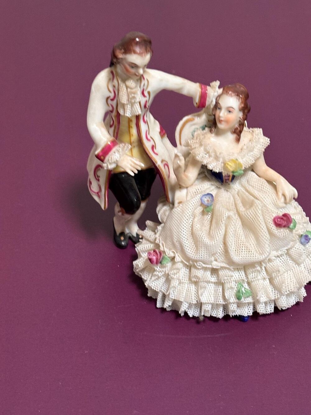 Vintage Dresden Porcelain Rose Floral Flower Chair Sitting Man Women Couple